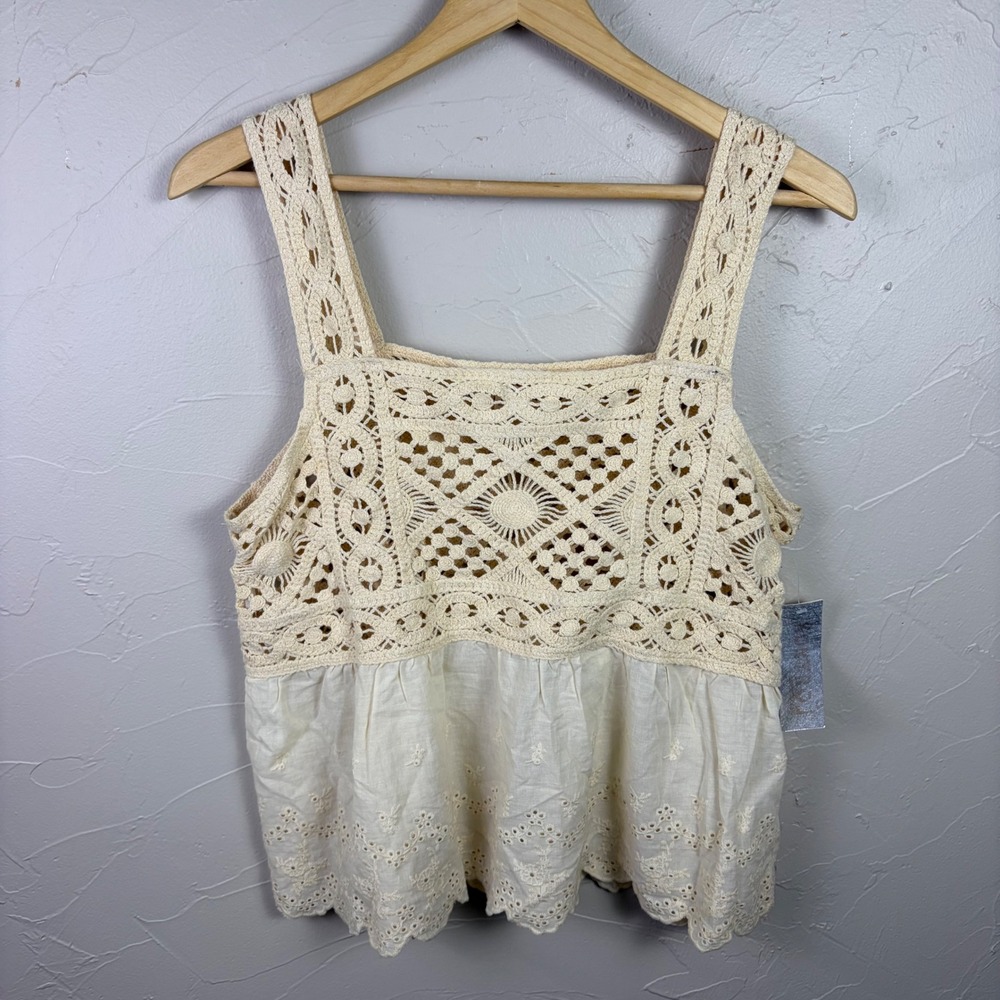 Crochet Boho Festival Top Lace Eyelet Size Large Cream Cotton Western Cowgirl